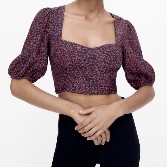 Zara Floral Sweetheart Crop Top‎ Puff Sleeved Size Small - Picture 1 of 3